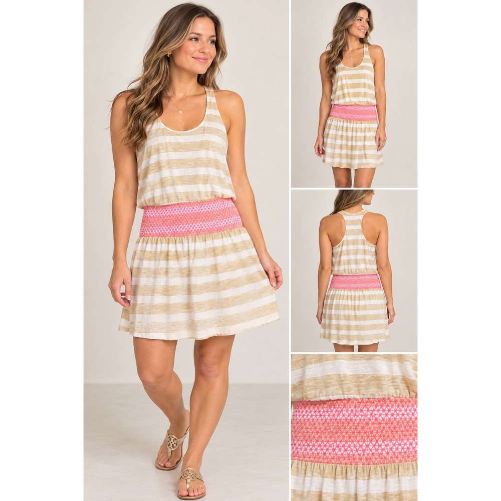 Lilly Pulitzer Mini Dress Womens XXS Tan White Excellent Striped Smocked Waist